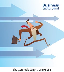 Vector cartoon image of a funny businessman with black hair in a brown suit and red tie, running somewhere with a black briefcase in his hand on a business background with blue arrows. Office, work.