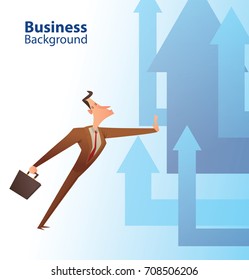 Vector cartoon image of a funny businessman with black hair in a brown suit and red tie, refusing something with a black briefcase in hand on a business background with blue arrows. Office, work.