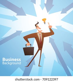 Vector cartoon image of a funny businessman with black hair in a brown suit and red tie, standing with briefcase in hand and light bulb over head on business background with blue arrows. Office, work.