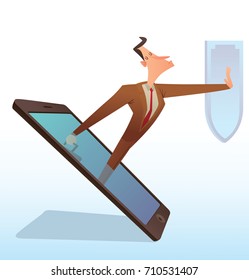 Vector cartoon image of a funny businessman with black hair in a brown suit, emerging from a black smartphone with a black briefcase in hand and refusing something with a shield on a white background.