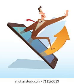 Vector cartoon image of a funny businessman with black hair in a brown suit and red tie, emerging on a big yellow arrow as on a surfboard from a black smartphone with blue arrows on a white background