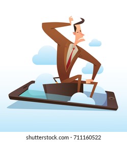 Vector cartoon image of a funny businessman with black hair in a brown suit and red tie, emerging from a black smartphone with white clouds sitting on a briefcase and thinking on a white background.