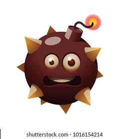 Vector cartoon image of a funny dark red bomb with a surprised expression on its face on a white background. Emoticons, emoji, character, smiley. Vector illustration.