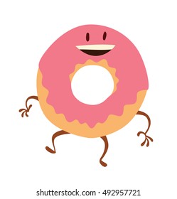 Vector cartoon image of funny donut covered with pink icing, standing and smiling on a white background. Sweets, happiness, childhood. Vector illustration. Donut.