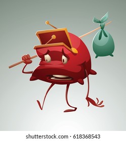 Vector cartoon image of a funny empty red purse sadly walking somewhere with a bag on a stick on his shoulder on a light gray background. Money, finance, business. Vector illustration.