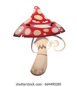 Vector cartoon image of a funny evil amanita-mushroom with a red-white hat and white stipe, standing and thinking about something wicked on a white background. Forest, poisonous mushroom, nature.