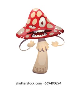 Vector cartoon image of a funny evil amanita-mushroom with a red-white hat and white stipe, standing and going to fight with someone on a white background. Forest, poisonous mushroom, nature. 