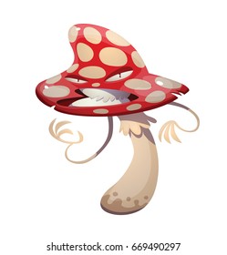 Vector cartoon image of a funny evil amanita-mushroom with a red-white hat and white stipe, standing and beckoning someone on a white background. Forest, poisonous mushroom, nature. 