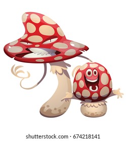 Vector cartoon image of a funny evil amanita-mushroom beckoning someone and funny little happy amanita-mushroom standing and happily smiling on a white background. 