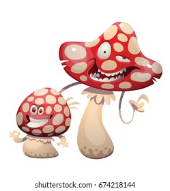 Vector cartoon image of a funny evil amanita-mushroom standing and smiling and funny little happy amanita-mushroom showing OK sign and smiling on a white background. 