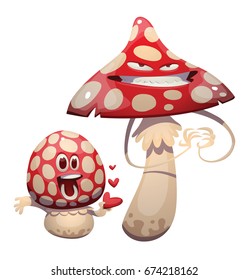Vector cartoon image of a funny evil amanita-mushroom thinking about something wicked and funny little happy amanita-mushroom with red hearts in hand on a white background. 