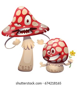Vector cartoon image of a funny evil amanita-mushroom going to fight with someone and funny little happy amanita-mushroom with a yellow flower in hand on a white background.