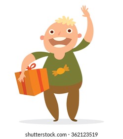 Vector cartoon image of a funny fat boy with blond hair in brown pants, green shirt with orange gift tied with a red ribbon in hand on a white background. Holiday, fun, birthday. Vector illustration.