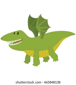 Vector cartoon image of a funny fat green dragon with yellow belly and small wings, flying and smiling on a white background.