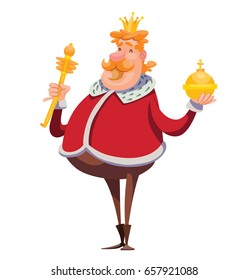 Vector cartoon image of a funny fat king with red hair and mustache in a red royal robe with a golden crown on his head and with golden scepter and power in his hands, standing on a white background.