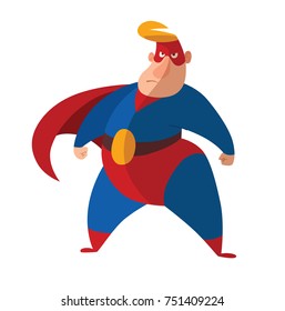 Vector cartoon image of a funny fat superhero in a red-blue suit, a cloak and a red mask, resolutely standing on a white background. Superhero, savior, comic, hero. Vector illustration.