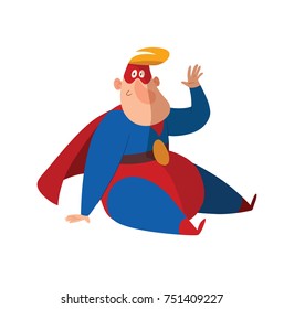 Vector cartoon image of a funny fat superhero in a red-blue suit, a cloak and a red mask, sitting and smiling on a white background. Superhero, savior, comic, hero. Vector illustration.