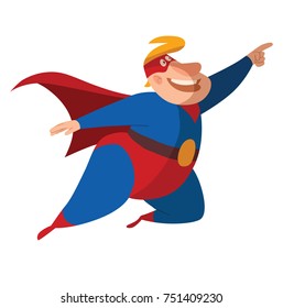 Vector cartoon image of a funny fat superhero in a red-blue suit, a cloak and a red mask, flying somewhere and smiling on a white background. Superhero, savior, comic, hero. Vector illustration.