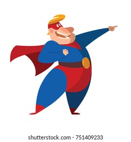 Vector cartoon image of a funny fat superhero in a red-blue suit, a cloak and a red mask, pointing at something and smiling on a white background. Superhero, savior, comic, hero. Vector illustration.
