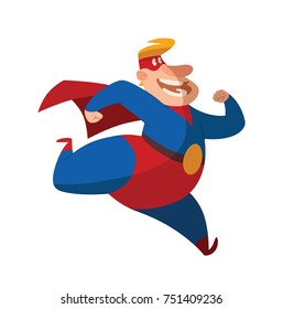 Vector cartoon image of a funny fat superhero in a red-blue suit, a cloak and a red mask, running somewhere and smiling on a white background. Superhero, savior, comic, hero. Vector illustration.