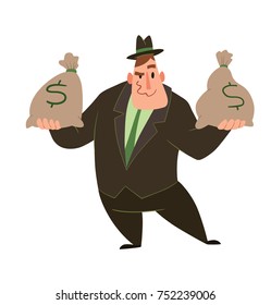 Vector cartoon image of a funny fat man capitalist in a black suit and hat standing with two big bags of money in hands on a white background. Business, finance, monopoly, money.