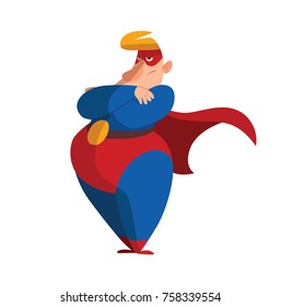 Vector cartoon image of a funny fat superhero in a red-blue suit, a cloak and a red mask, standing with his arms crossed on a white background. Superhero, savior, comic, hero. Vector illustration.