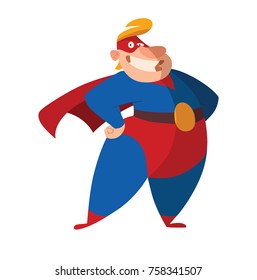 Vector cartoon image of a funny fat superhero in a red-blue suit, a cloak and a red mask, standing and happily smiling on a white background. Superhero, savior, comic, hero. Vector illustration.