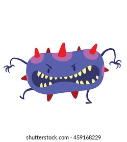 Vector cartoon image of a funny flattened purple bacteria with red sharp spikes standing and frightening someone on a white background. Vector illustration of a virus, bacteria.
