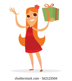 Vector cartoon image of a funny girl with long red hair in a red dress with a green gift tied with orange ribbon in her hand on a white background. Holiday, fun, birthday. Vector illustration.
