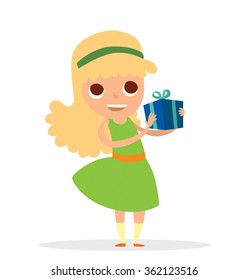Vector cartoon image of a funny girl with wavy blonde hair in a green dress with an orange belt and with a blue gift in her hands on a white background. Holiday, birthday. Vector illustration.