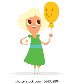 Vector cartoon image of a funny girl with big eyes with blonde curly hair in green dress with blue belt and with yellow balloon with smiley face in her hand on a white background. Vector illustration.