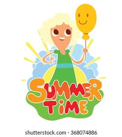 Vector cartoon image of funny girl with blonde hair with a balloon in hand standing on the background of yellow sun with blue clouds, behind the colored lettering "Summer time" on a white background.