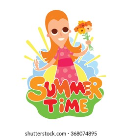 Vector cartoon image of funny girl with long red hair with flowers in hand standing on the background of yellow sun with blue clouds, behind the colored lettering "Summer time" on a white background.