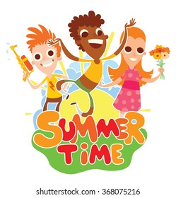 Vector cartoon image of funny girl and two boys with different hair color and skin on the background of yellow sun with blue clouds, behind the colored lettering "Summer time" on a white background.
