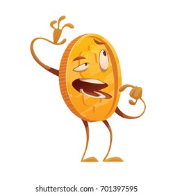 Vector cartoon image of a funny golden coin with arms and legs standing thoughtfully on a white background. Money, finance, business, currency, dollar. Vector illustration.