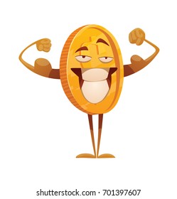 Vector cartoon image of a funny golden coin with arms and legs standing, showing muscles and smiling on a white background. Money, finance, business, currency, dollar. Vector illustration.