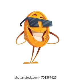 Vector cartoon image of a funny golden coin with arms and legs standing in black sunglasses and smiling on a white background. Money, finance, business, currency, dollar. Vector illustration.