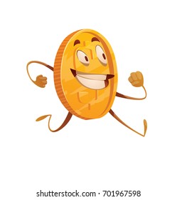 Imagen de dibujos animados de Vector de una divertida moneda de oro con brazos y piernas corriendo en algún lugar y sonriendo sobre un fondo blanco. Dinero, finanzas, negocios, moneda, dólar. Ilustración vectorial.