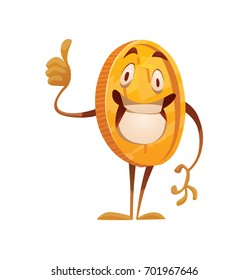 Vector cartoon image of a funny golden coin with arms and legs standing, showing thumb up and smiling on a white background. Money, finance, business, currency, dollar. Vector illustration.