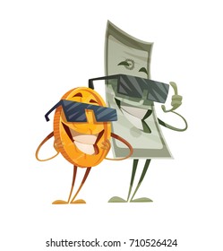 Vector cartoon image of a funny golden coin and a funny green banknote standing in black sunglasses and smiling on a white background. Money, finance, business, currency, dollar. Vector illustration.