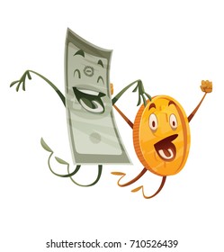 Vector cartoon image of a funny golden coin and a funny green banknote happily jumping and smiling on a white background. Money, finance, business, currency, dollar. Vector illustration.