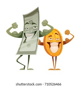Vector cartoon image of a funny golden coin and a funny green banknote standing, showing muscles and smiling on a white background. Money, finance, business, currency, dollar. Vector illustration.