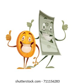 Vector cartoon image of a funny golden coin and a funny green banknote standing, showing thumbs up and smiling on a white background. Money, finance, business, currency, dollar. Vector illustration.