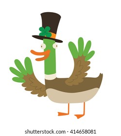 Vector cartoon image of funny "good luck" duck with brown-green body, the green head and orange beak, paws in a black cylinder with a green clover on a white background. Wordplay. Vector illustration.