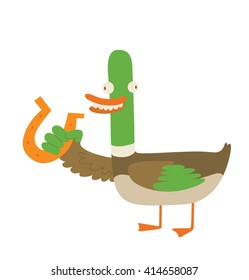 Vector cartoon image of funny "good luck" duck with brown-green body, the green head and orange beak, paws standing with golden horseshoe in wing on a white background. Wordplay. Vector illustration.