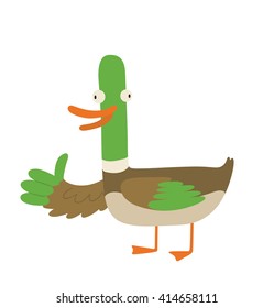 Vector cartoon image of funny "good luck" duck with brown-green body, the green head and orange beak and paws standing and showing a thumb on a white background. Wordplay. Vector illustration.