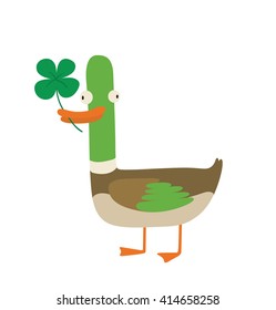 Vector cartoon image of funny "good luck" duck with brown-green body, the green head and orange beak, paws with green four-leaf clover in the beak on a white background. Wordplay. Vector illustration.