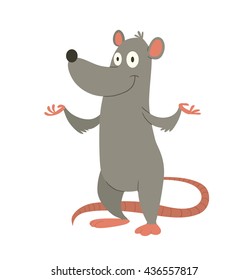 Vector cartoon image of a funny gray rat with a long pink tail standing and smiling on a white background. Vector illustration.