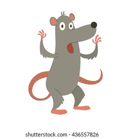 Vector cartoon image of a funny gray rat with a long pink tail standing terrified on a white background. Vector illustration.