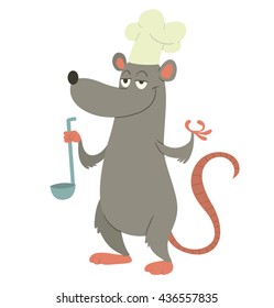 Vector cartoon image of a funny gray rat with a long pink tail, in a white chef's hat, with a ladle in his paw standing and smiling on a white background. Vector illustration.